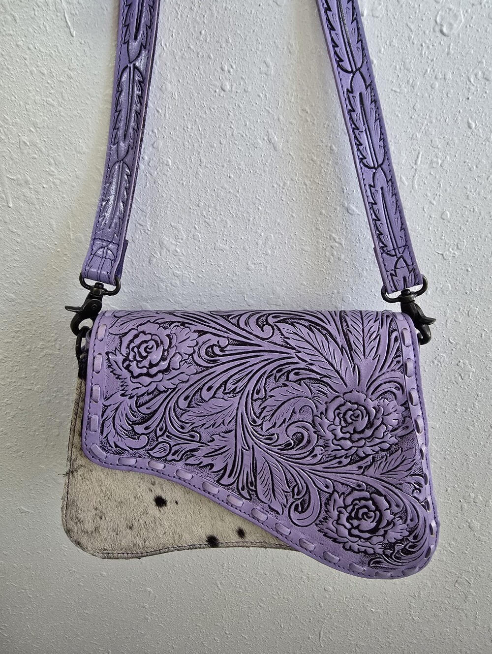 Purple Tooled Leather Cowhide Crossbody Bag Western Floral Purse